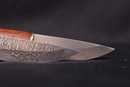 Scandinavian knife with damascus or wootz blade, wood handle and leather scabbard.