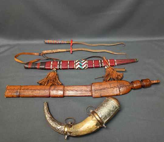  4 afrcan daggers and swords + powder flask Africa