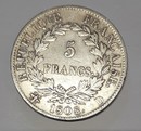 Napoléon 1808 laureled head, gregorian calendar 5 francs, République Française, silver coin  