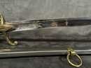 Light cavalry officer's saber, Empire/restoration. Blade engraved with blue and gold decoration. Scabbard with brass fittings.