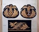 Display board of military specialty embroidery samples from the David firm, intended for the Mexican army, circa 1900.
