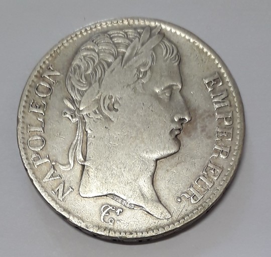 Napoléon 1808 laureled head, gregorian calendar 5 francs, République Française, silver coin  