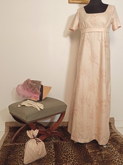 First french empire cotton dress with small bag . 