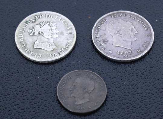 Italia Napoléon 1808 king of Italy, 5 lires, silver coin, + 1 soldo. Lucques and Piombino 
