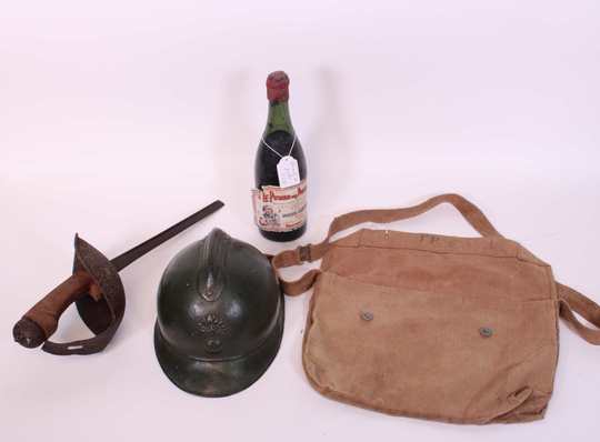 Relics WW II.  Sabre GB,  Adrian helmet, Wine 