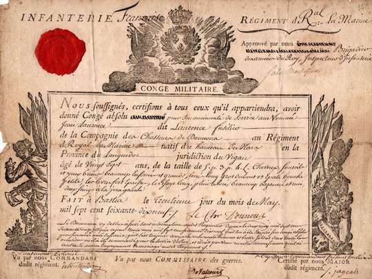 Congé militaire absolu given to Jean Laurence, chasseur in régiment Royal la Marine 30th may 1779