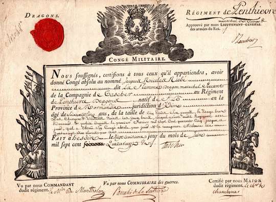 Congé militaire absolu given in 1780 to Jacques Nicolas Riobé, of regiment Penthièvre Dragon