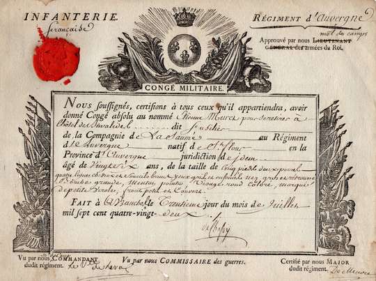 Congé militaire absolu given to  Etienne Mures in 1782, from régiment d'Auvergne