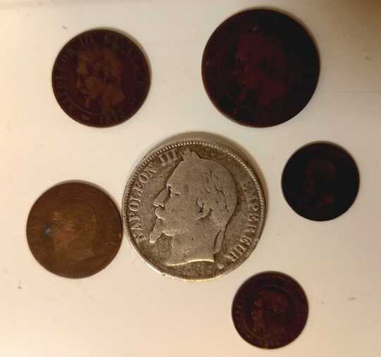Napoléon III : one silver coin 5Francs + 5 cupper coins