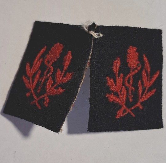 WWI. Pair of collar patches featuring a red caduceus on dark navy blue, 1892? New old stock.