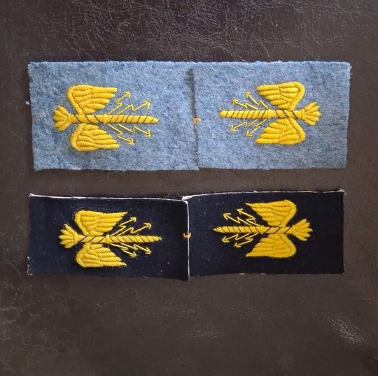 WWI. Pairs of General Staff lightning bolt insignia, embroidered in yellow on wool. Very limited stock.