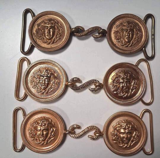 Gold-tone Medusa-head belt buckle – 50 mm plate – 3 pieces – Manufactured by Poursin? Price for 2 plates and connecting S-hook.