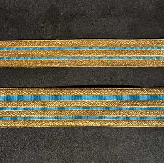 Gold Zig-Zag braid Gold with 2 or 3 rays light sky blue - 22 and 32 mm - Old French manufacturing - Per meter 