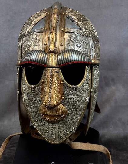 Sutton Hoo helmet on a stand. High-quality replica based on the model produced by the British Museum. Sold in 2 hours